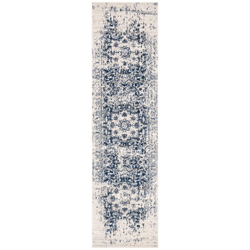 Tapis oriental iranien crème / bleu marine, Tapis de couloir 2 pi 3 po x 18 pi
