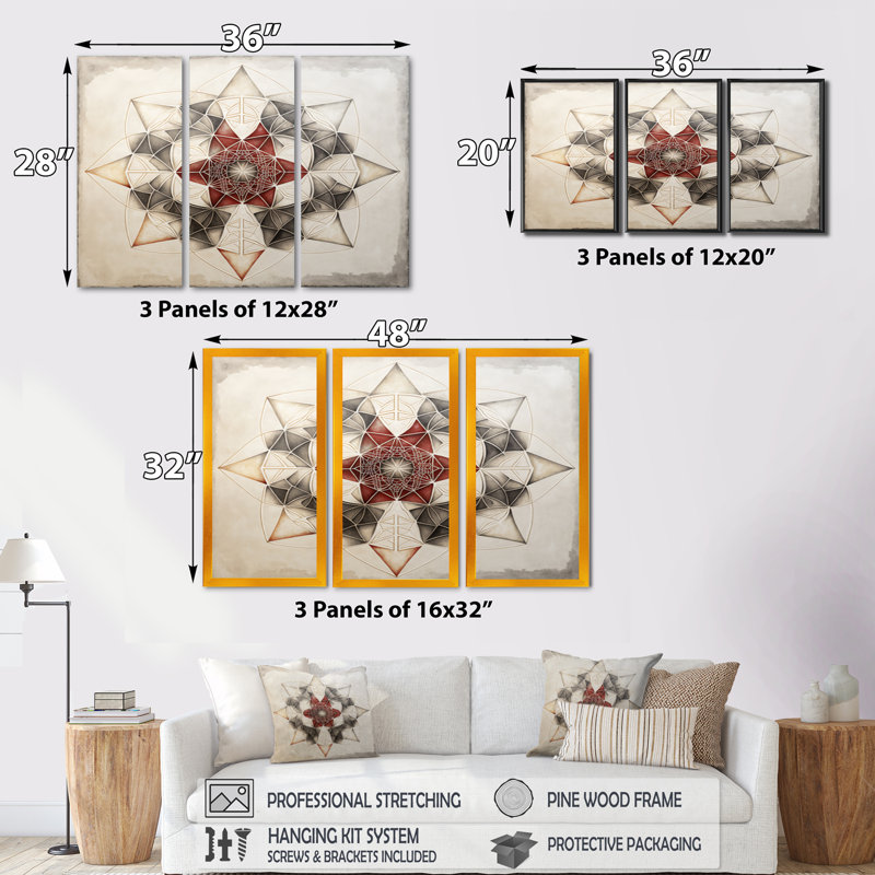 Fondamentaux de motifs géométriques sacrés I - 3 pièces sur toile, H 20 po x l 36 po x P 1 po, Toile avec cadre flottant or