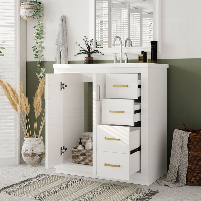 Meuble-lavabo 30 po avec lavabo en céramique, Blanc, Doré