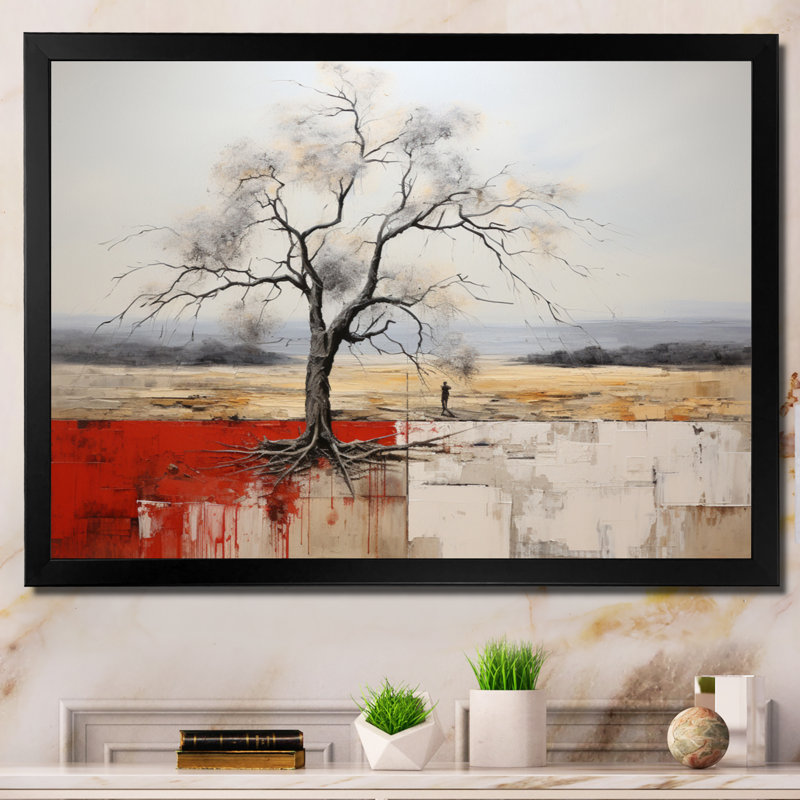 «Grey Red Minimalisme Tree Solitude I», reproduction sur toile, Cadre simple noir, H 16 po x l 32 po x P 1 po