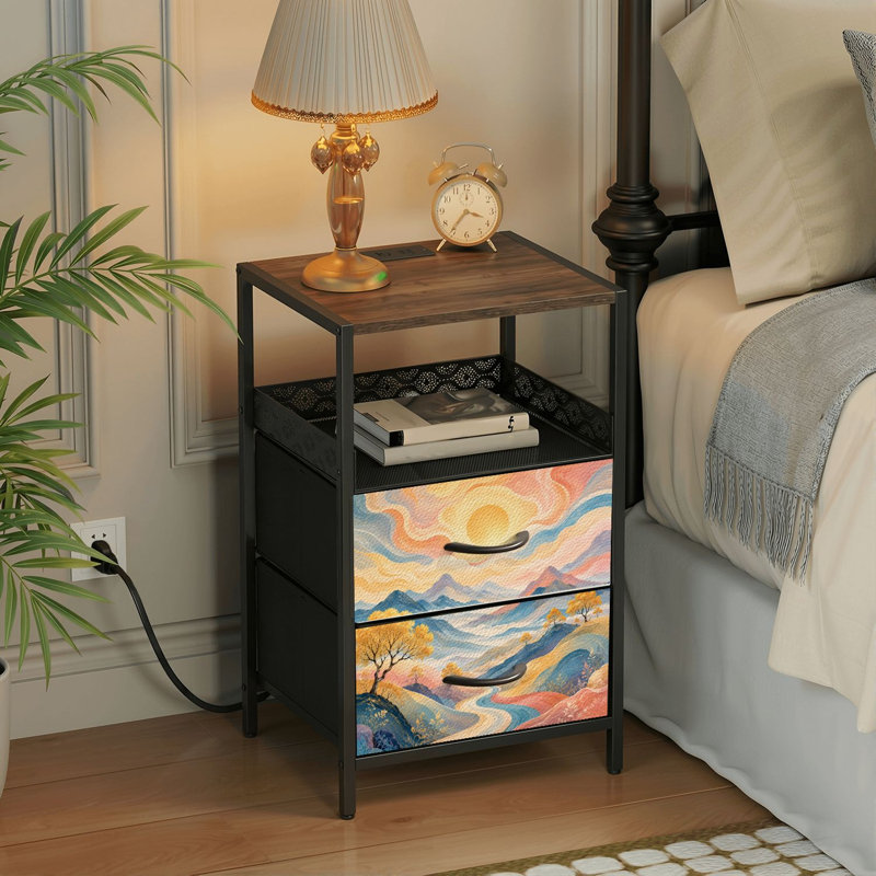 Table de chevet 2 tiroirs avec station de charge, table de chevet pour chambre avec ports USB et amp; Table de chevet noire Outlets