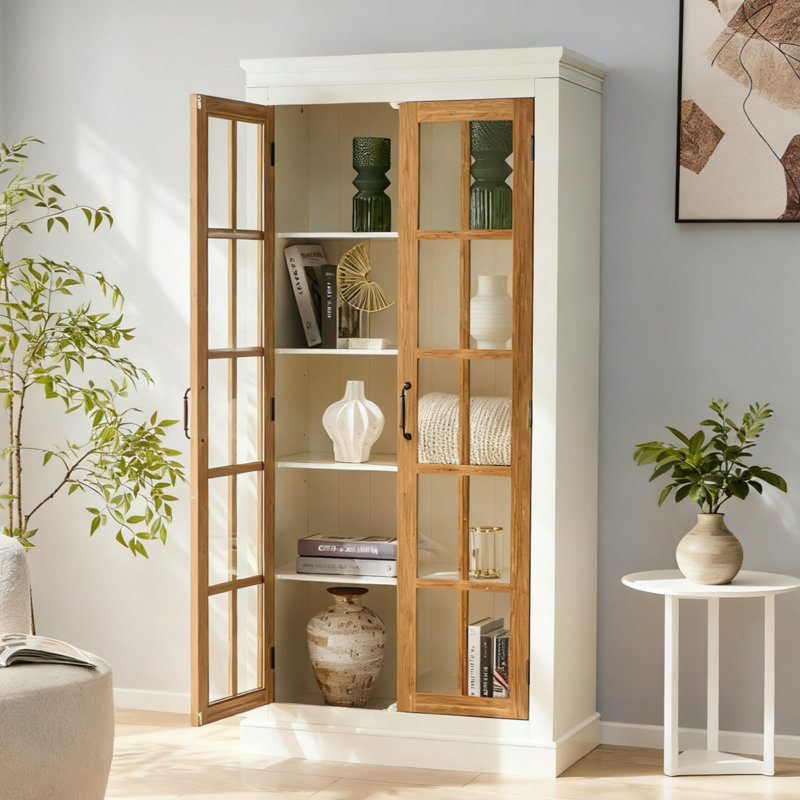 Vitrine de style rustique 71,2 po avec portes en verre - blanc et noir, Naturel