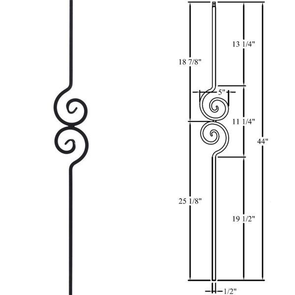 1/2 Iron Baluster Skinny Scroll (5-Pack) Stair Parts Hollow Metal Spindles  - Stair Railing Scroll Wrought Iron Balusters (Real Satin Black not Matte)  