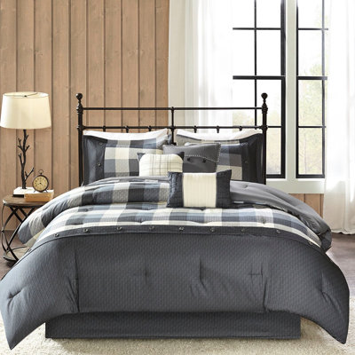 Ridge 7 Piece Herringbone Comforter - Grey, Buffalo Plaid Appeal, Filled, Comforter, 2 Shams, 3 Pillows, Bed Skirt Grey, Ornament, Pillows &