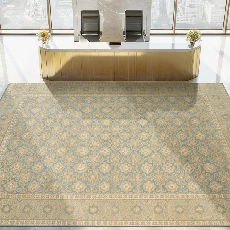 Tapis en laine noué à la main en beige / bleu, Rectangle 8 pi x 10 pi