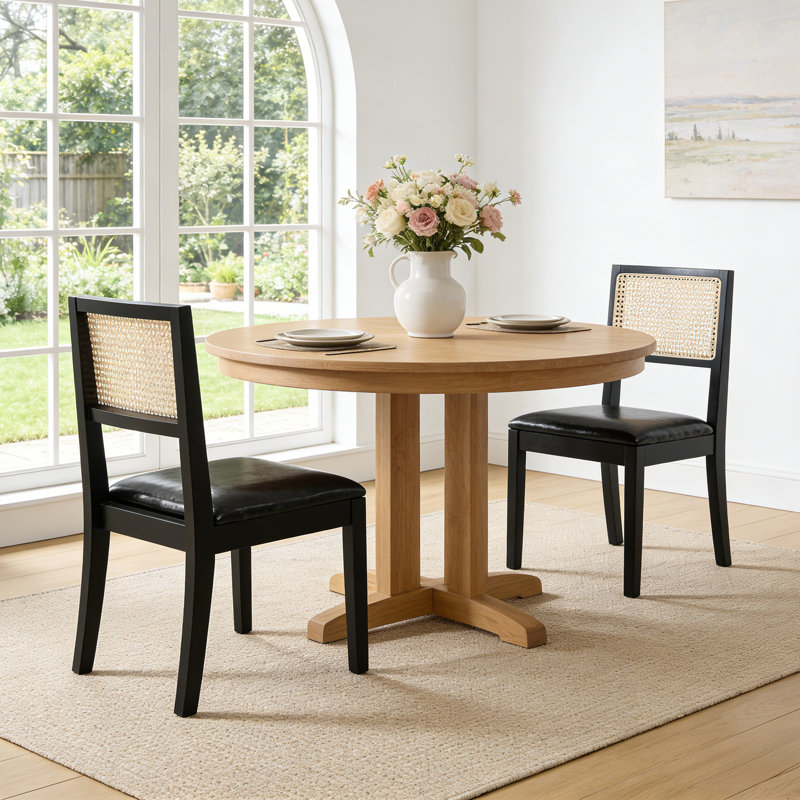  Upholstered Side Chair Modern Solid Wood Dining Chair with Rattan Back, Black, Black