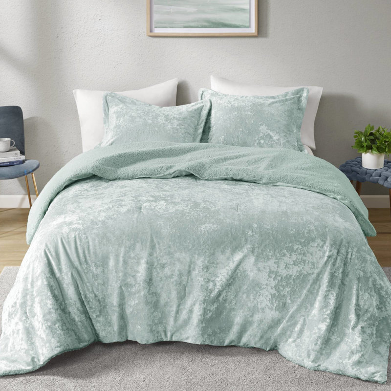 Full/Queen 3 Pcs Crushed Velvet Reversible Comforter Of Colorway, And Easy To Clean Full/Queen, Pcs, Velvet, , , Soft Cozy - Proof Filling