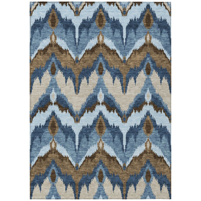 9' X 12' Denim Blue And Sky Blue Ikat Washable Indoor Outdoor Area Rug