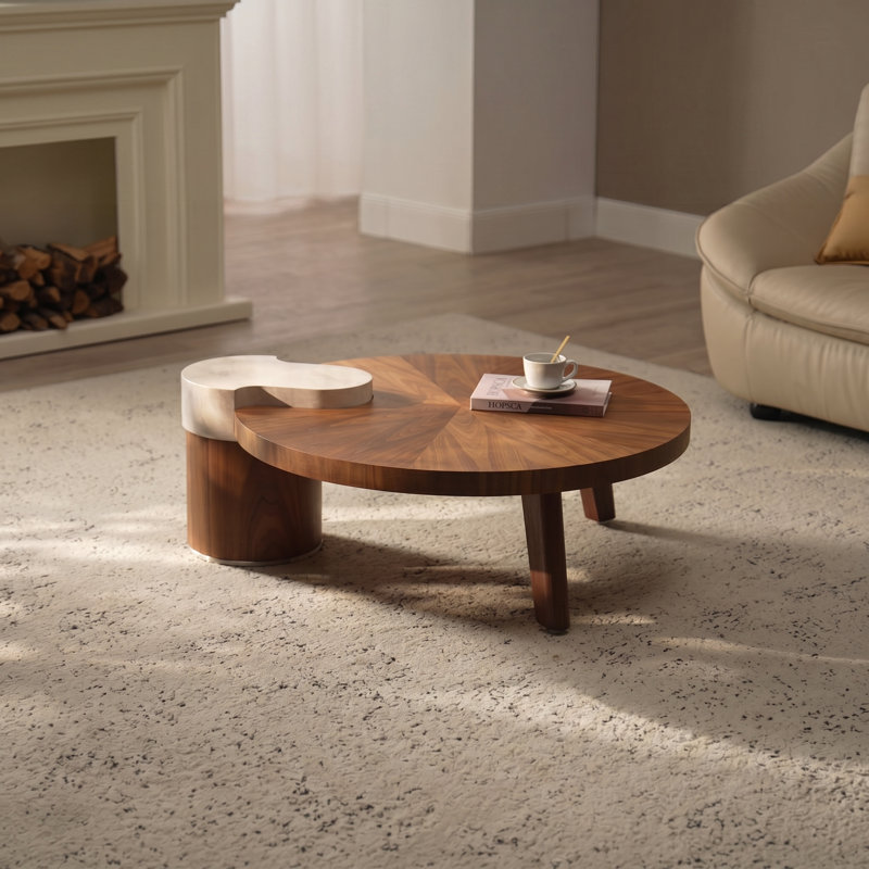 Table basse irrégulière ronde en bois massif de noyer