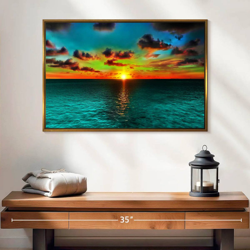 Sunset And Ocean, Floating Frame Gold, 25" X 17"