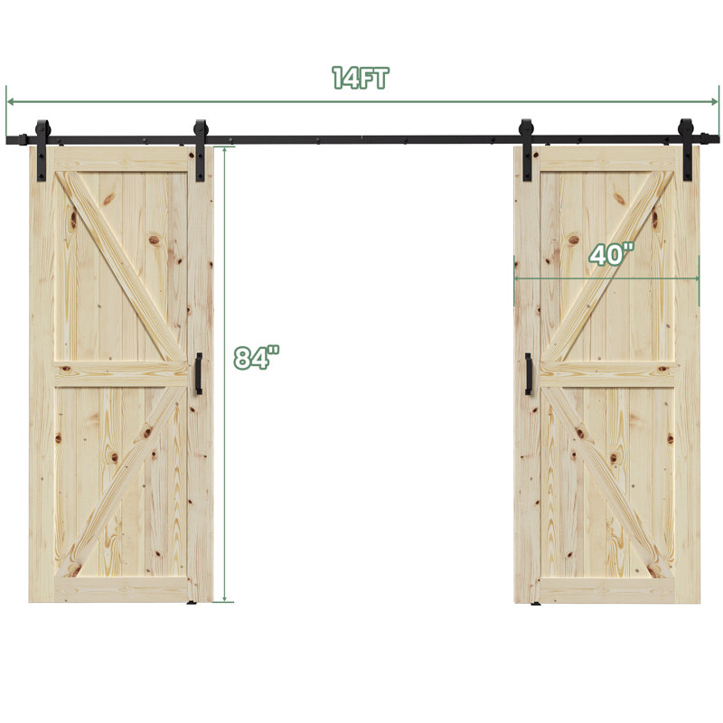 Portes de grange doubles à panneaux en bois massif non finis avec quincaillerie d'installation, 80 po x 84 po