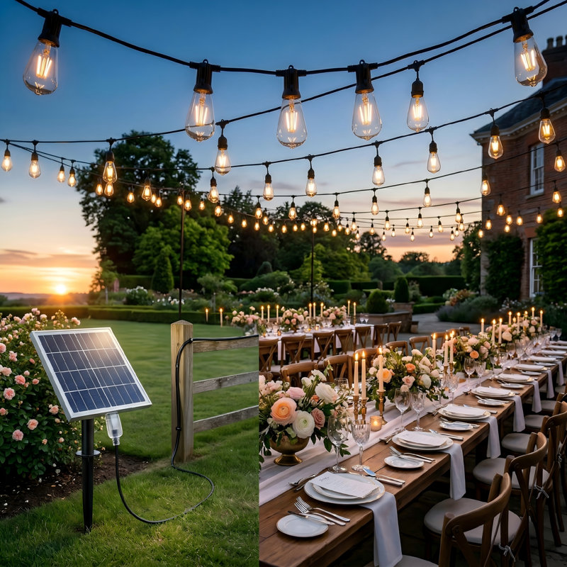120Ft. Outdoor Solar Powered 24-Light Led St38 String Lights With E12 Base - Waterproof Retro Edison Bulbs For Patio, Garden & Cafe - Warm White (2700K) - Black Wire