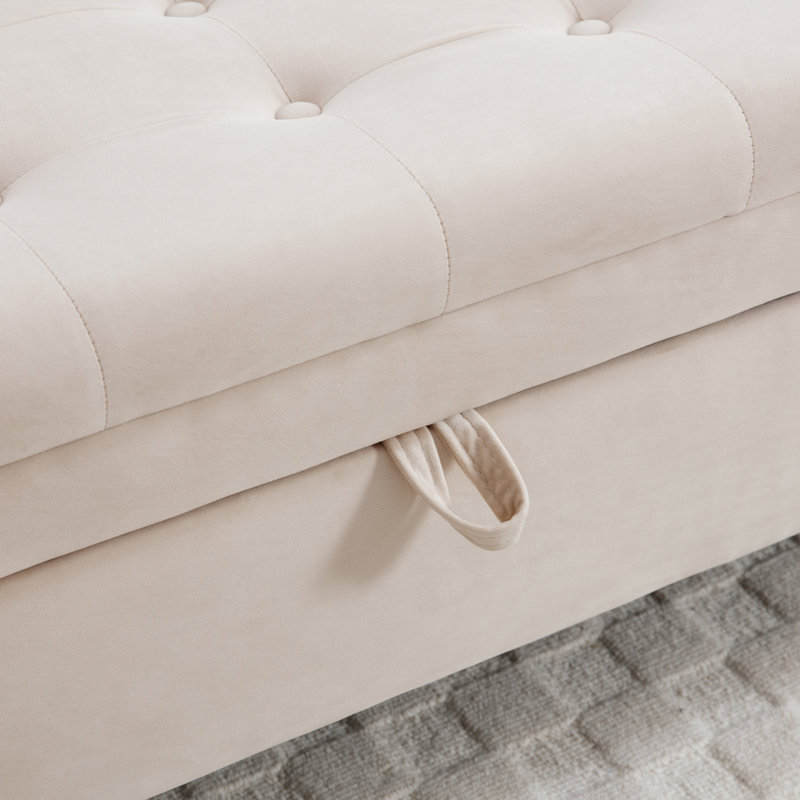 Drewes 66'' W Velvet Upholstered Storage Bench for Bedroom End of Bed King Size with Button-Tufted and Metal Gold Legs, Beige