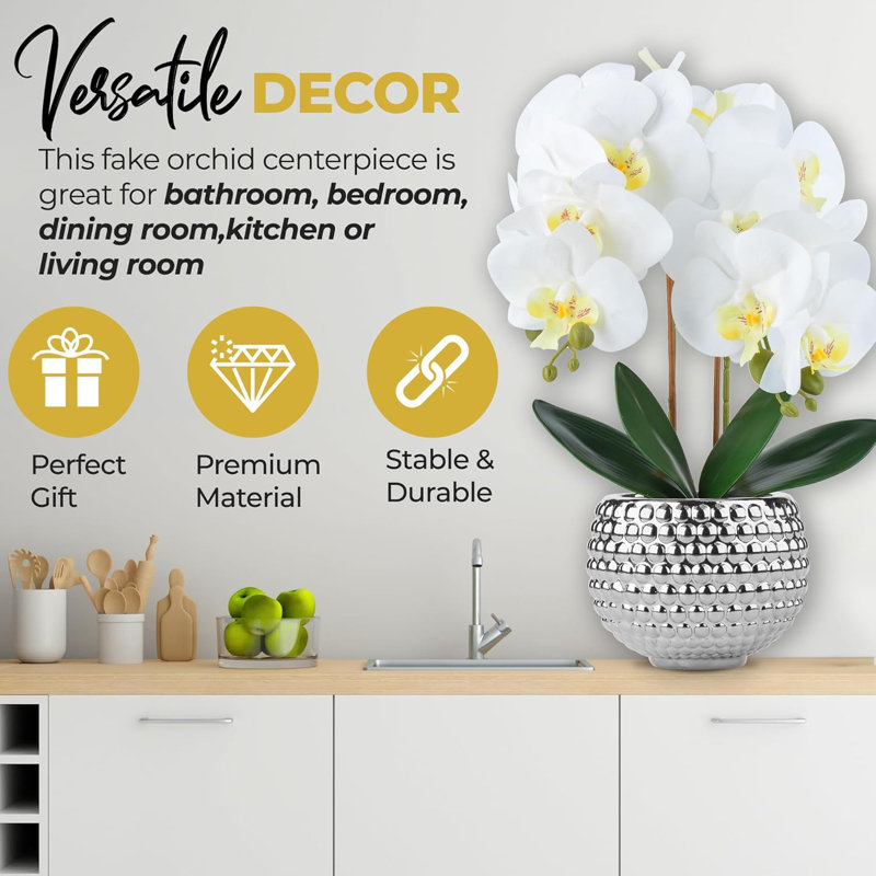Large White Artificial Orchids With Gold Pot