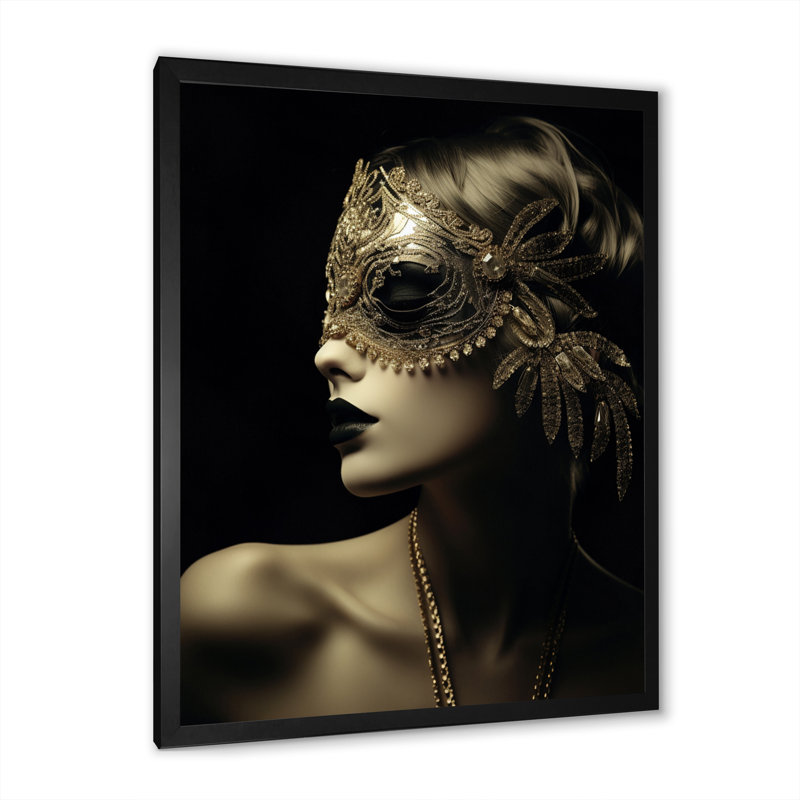 Femme rétro rétro glam avec masque vénitien - reproduction sur toile, H 44 po x l 34 po x P 1,5 po, Cadre simple noir