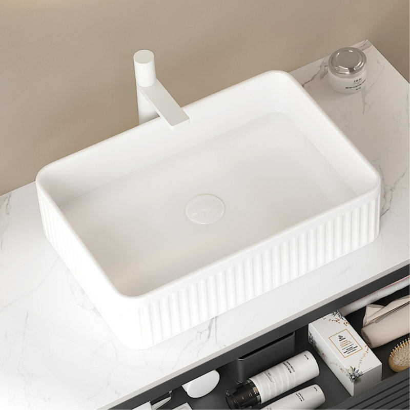 Lavabo de salle de bain 20 po, vasque rectangulaire en céramique rayée sans robinet, sans armoire, blanc, Blanc