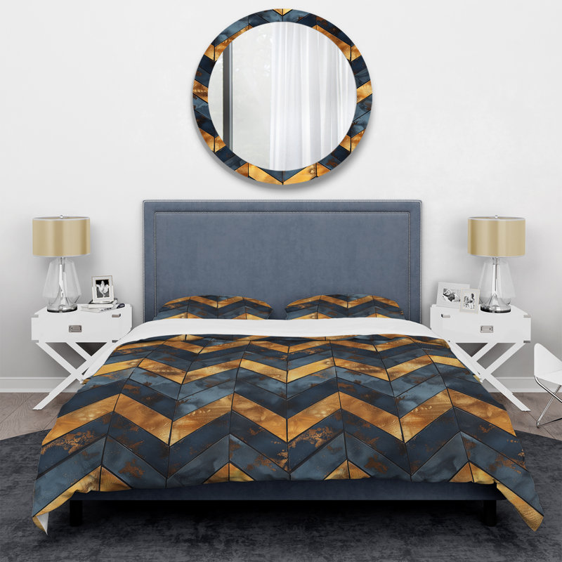 Ensemble de housse de couette transitionnelle Blue Gold Chevron Glamour IV, Housse de couette pour grand lit et 2 taies décor