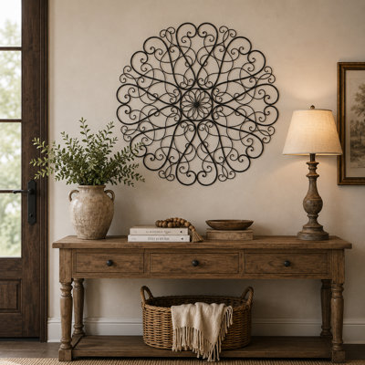 Ornate Rosette Scroll Round Metal Wall Decor