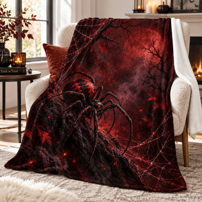 Plaid en flanelle Red Moon Spider, imprimé toile d'araignée et branches rouge foncé, jeté léger pour canapé, lit, fauteuil de lecture et idéal pour l'automne, 152 x 203 cm