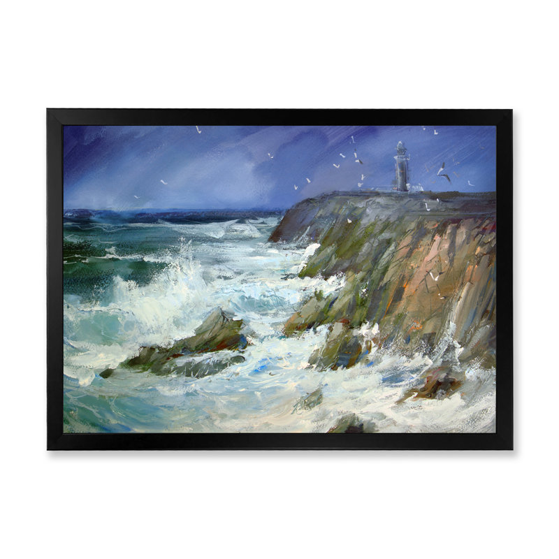 Phare sur les vagues massives - Peinture sur toile, Cadre photo noir, H 12 po x l 20 po x P 1 po