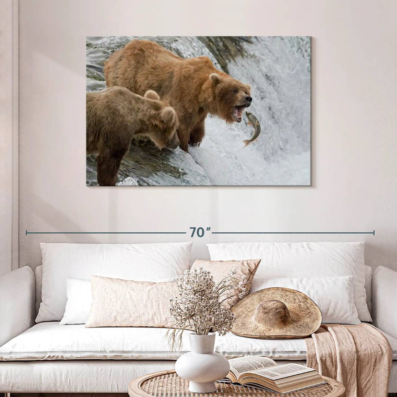 Ours bruns grizzlis chassant des poissons, H 30 po x l 45 po