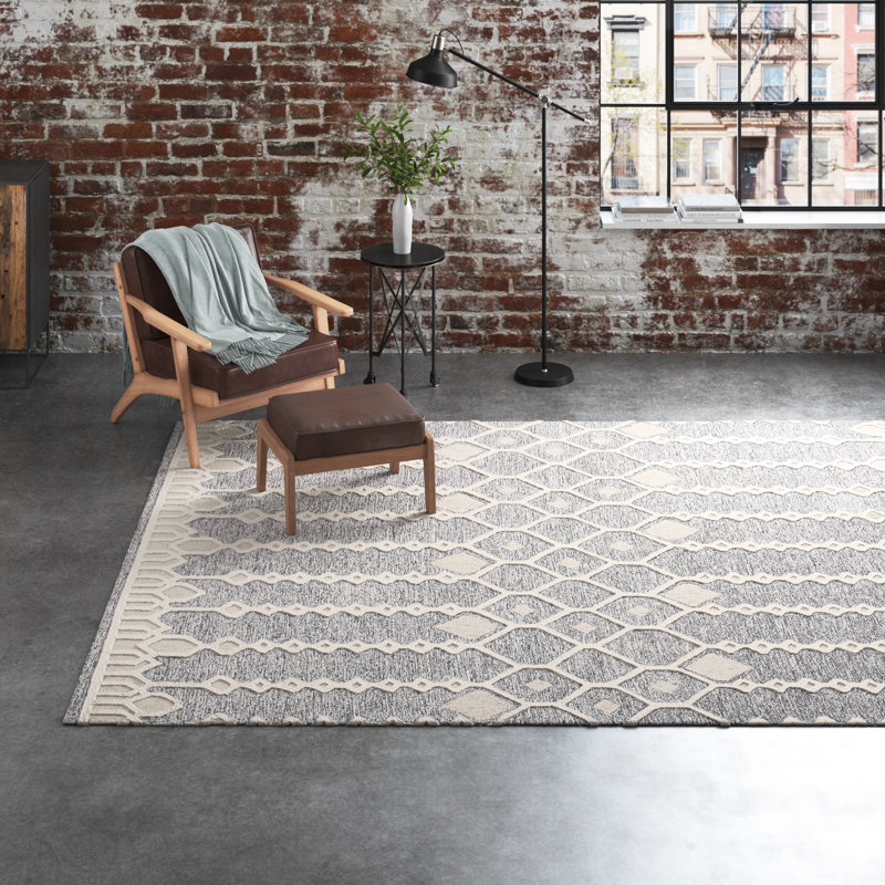 Etheredge Southwestern Handmade Tufted Cotton/Wool Gray/Ivory Area Rug, Rectangle 4' x 6'