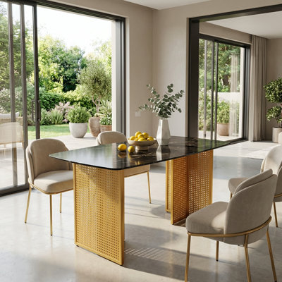 Table de salle à manger rectangulaire moderne en verre trempé avec motif en marbre et pieds en métal