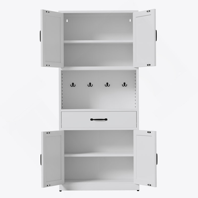Armoire de rangement de 71 po de hauteur en acier blanc avec grand comptoir, tablettes réglables, tiroirs et crochets, armoire robuste de style moderne