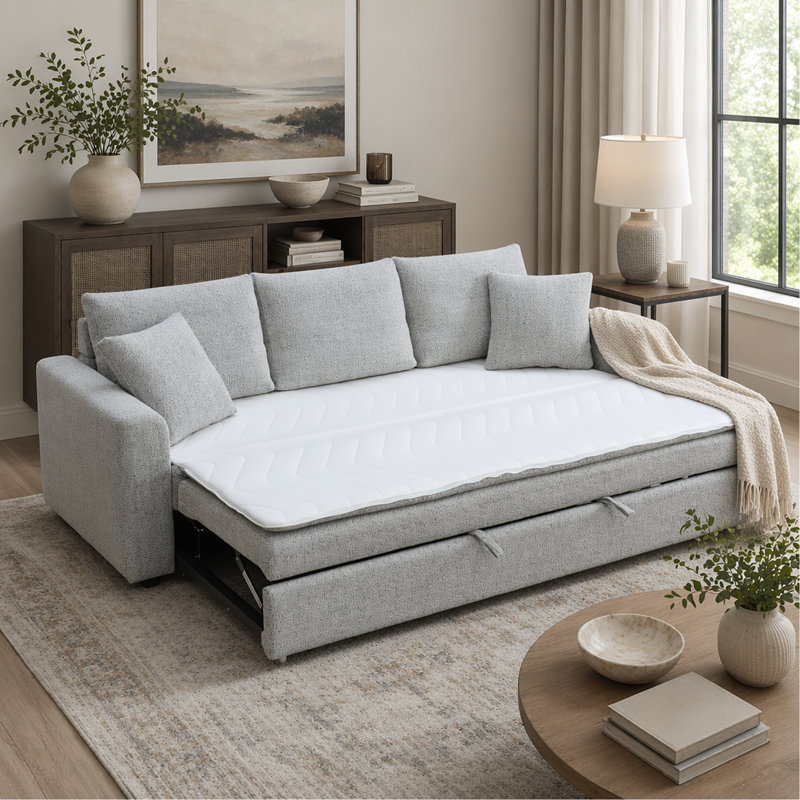Beige Boucle Sleeper Sectional Sofa w/ 2 Toss Pillows