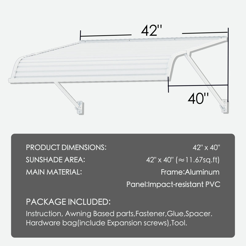 Kozyard Window Awning 42''W x 40''D, Aluminum Frame with Impact-Resistant PVC Panels, Shade Angle Set During Installation, Rain, Snow & UV Protection Door Canopy