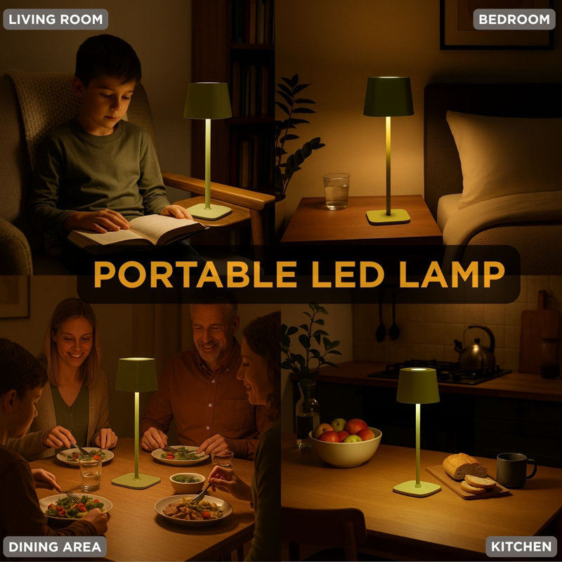  Lampe de table carrée à abat-jour à DEL, lumière sans fil rechargeable, accent lumineux pour bureau, table de chevet ou salon, 15 po, vert printemps
