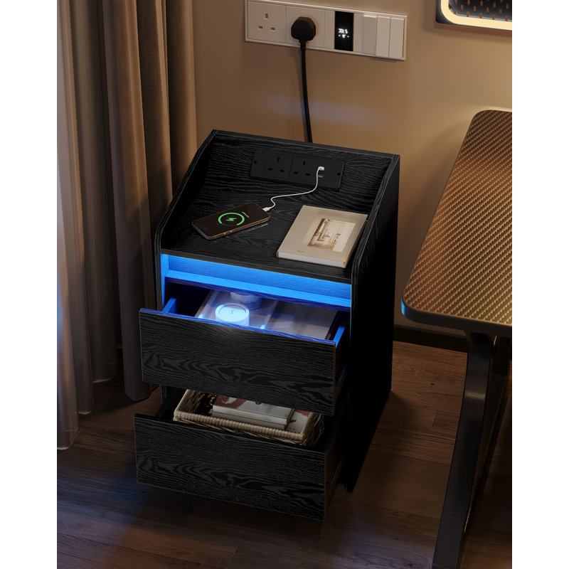 Bedside Table with LED Lights, Bedside Cabinet with Charging Station and 2 Drawers, Nightstand with USB Ports & Power Outlet, Nightstand for Living Room and Bedroom 