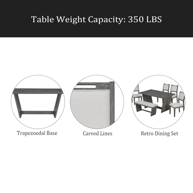 Ensemble de salle à manger 6 pièces 6 pièces, 1 table rectangulaire avec base trapézoïdale stable, 4 chaises rembourrées et 1 banc pour la salle à manger et la cuisine