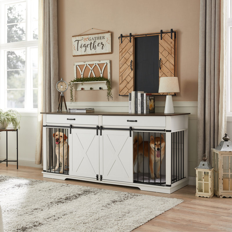 Grande porte de grange pour chien avec 2 tiroirs et cloison, H 34,3 po x l 72,5 po x P 23,6 po, Blanc