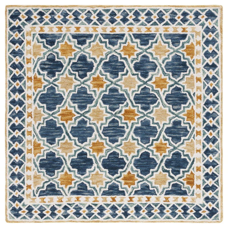 Hand Tufted Wool/Cotton Southwestern Rug in Navy/Yellow, Square 5'