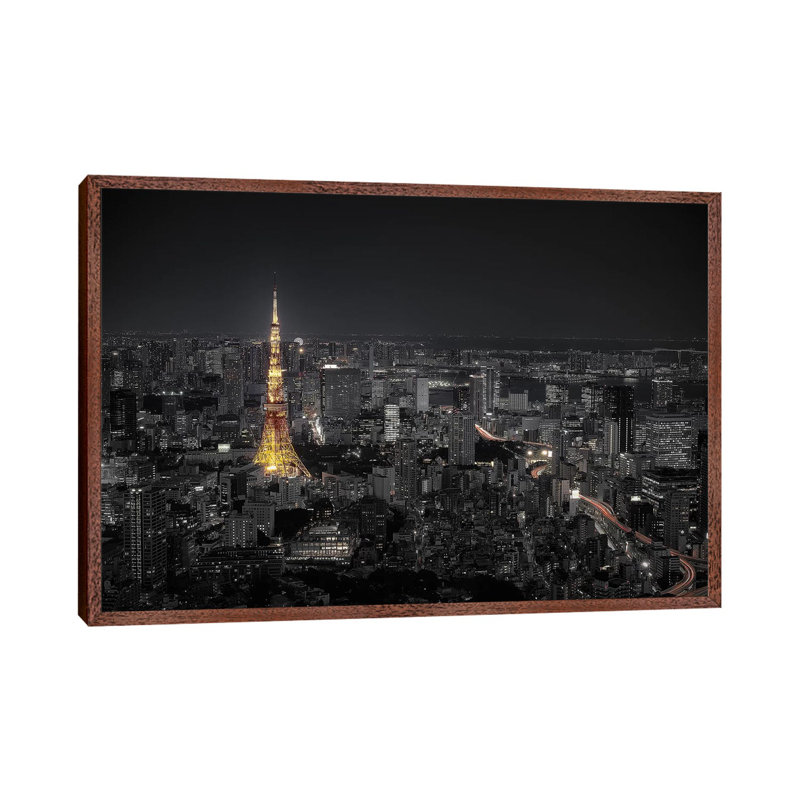 Tokyo At Night by Carlos Ramirez - Print on Canvas, Classic Brown Wood Floater Framed, 45.72cm H x 66.04cm W x 3.81cm D