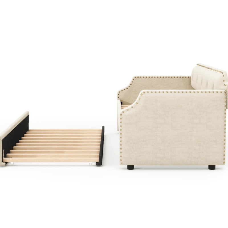 Lit de jour simple rembourré avec couchette coulissante, housse en lin beige, pour les espaces de vie, Beige