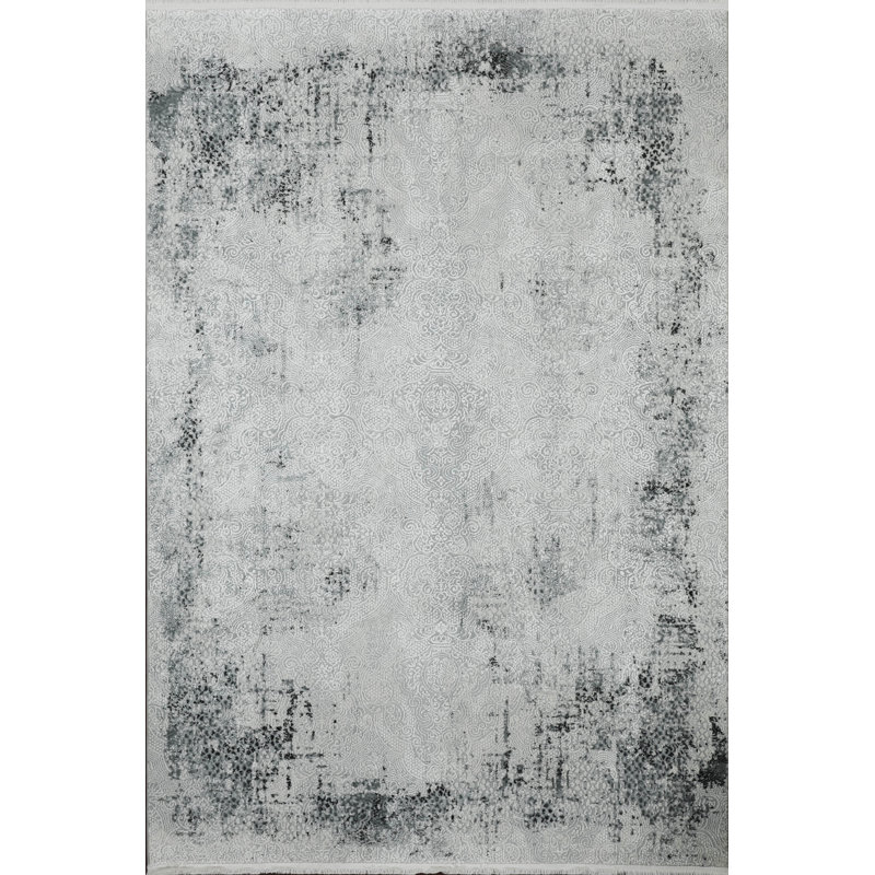 Tapis rectangulaire gris / blanc en polypropylène / polyester tissé à la machine, Rectangle 4 pi 11 po x 7 pi 8 po