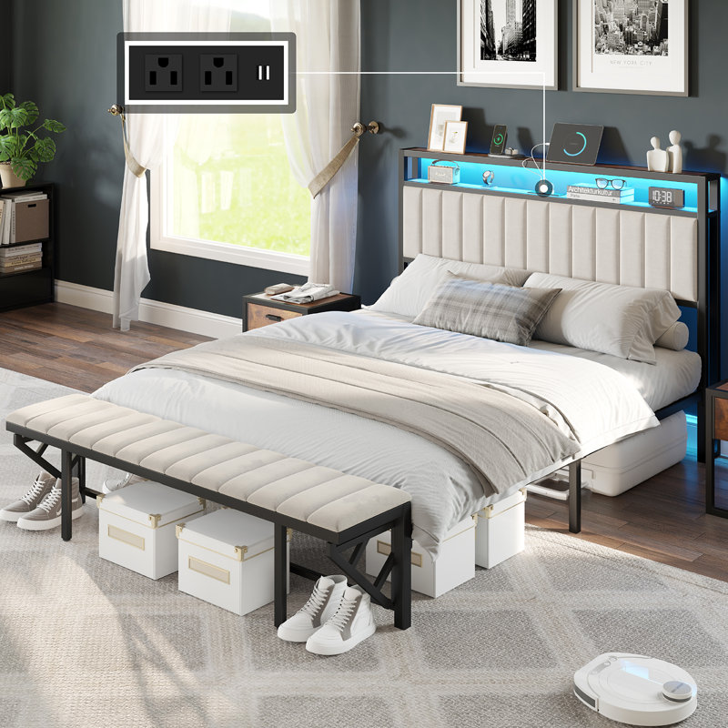 Ivy Bronx Full Size Bed Frame With Folding Bench And Charging Station, Led Light,Storage Shelves, Full, Cream