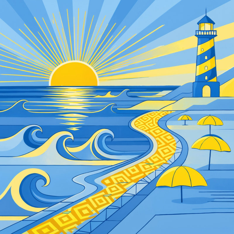 Beach Scene Geometric Linen Throw Pillow, 14 x 14 inches, Bright Blue and Lemon Yellow
