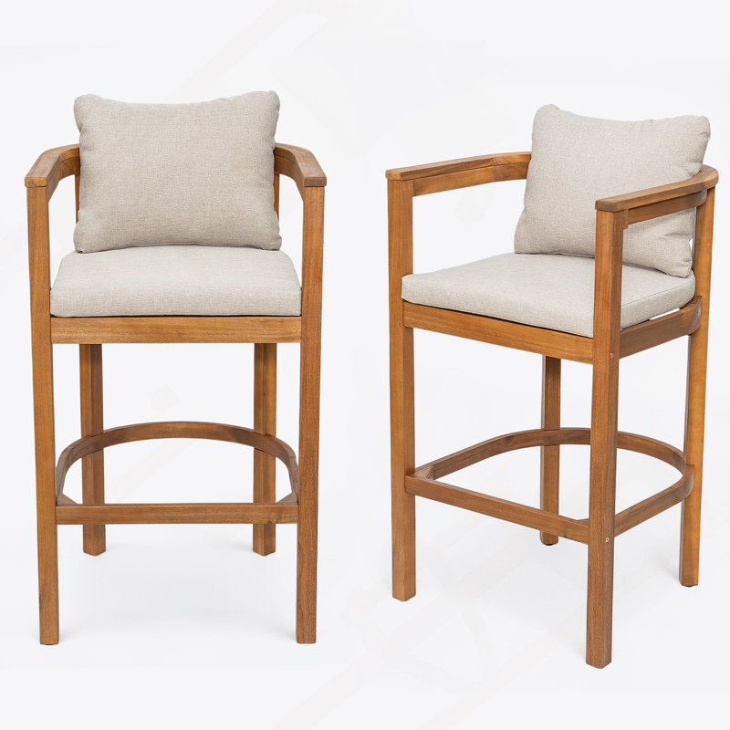 Tabouret d'extérieur en bois de teck avec coussin beige, ensemble de 2, Teck