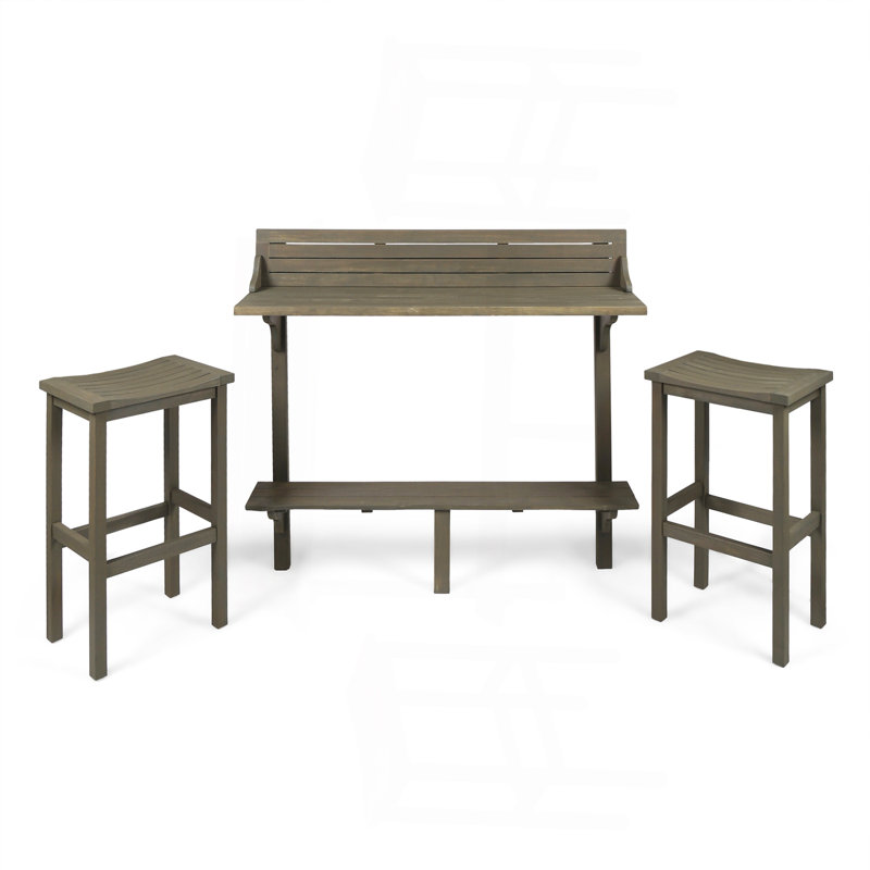 3-Piece Balcony Bar Set With Bottom Shelf Table And 2 Stools, Grey Finish