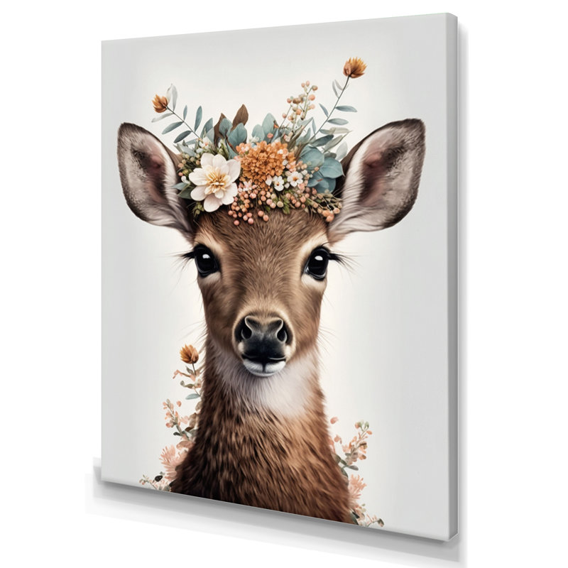 «Cute Baby Deer with Floral Crown II», reproduction de photo sur toile, H 40 po x l 30 po x P 1,5 po, Toile tendue