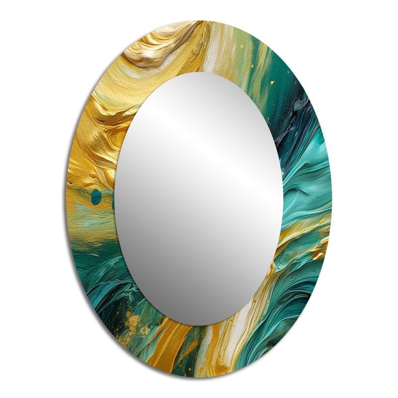 Golden Turquoise Waves Breaking Abstract IV - Gold Oval Wall Mirror Decor, 40" x 30"