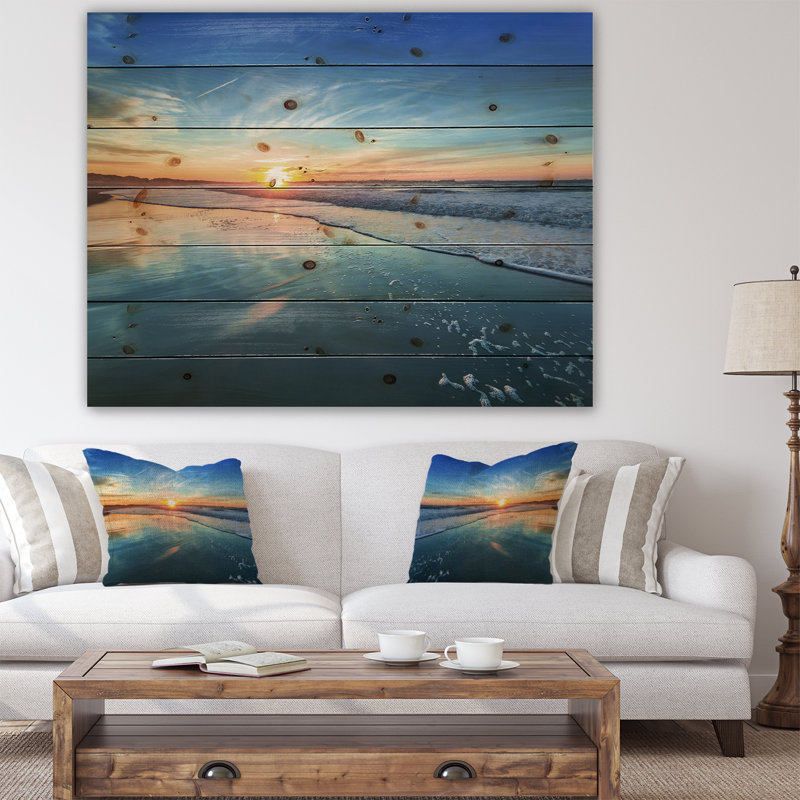 Paysage marin «Seashore with Distant Sunset», reproduction de photo, H 15 po x l 20 po, Bois, Ne s’applique pas