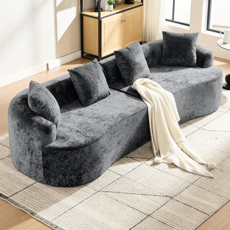 Petit canapé incurvé en chenille avec 3 coussins, assise profonde idéale pour appartement, gris, soutien en mousse à mémoire de forme, aucun assemblage requis, espace pour animaux de compagnie, coussins, installation nécessaire, tissu