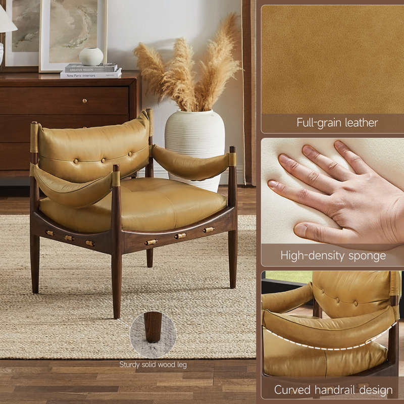 Ramira Full grain Genuine Leather Armchair with tufted button, Light Brown