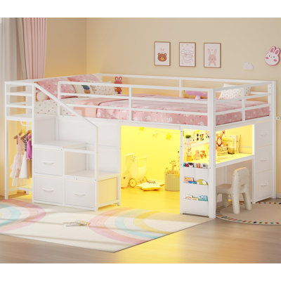 Low Loft Bed Twin with Stairs, Desk, 6 Storage Drawers, Loft Bed with LED Lights, Clothes Rod, Metal Grid Panel, 4 Pockets, Twin Loft Bed with Safety Guardrails & Secret Fort
