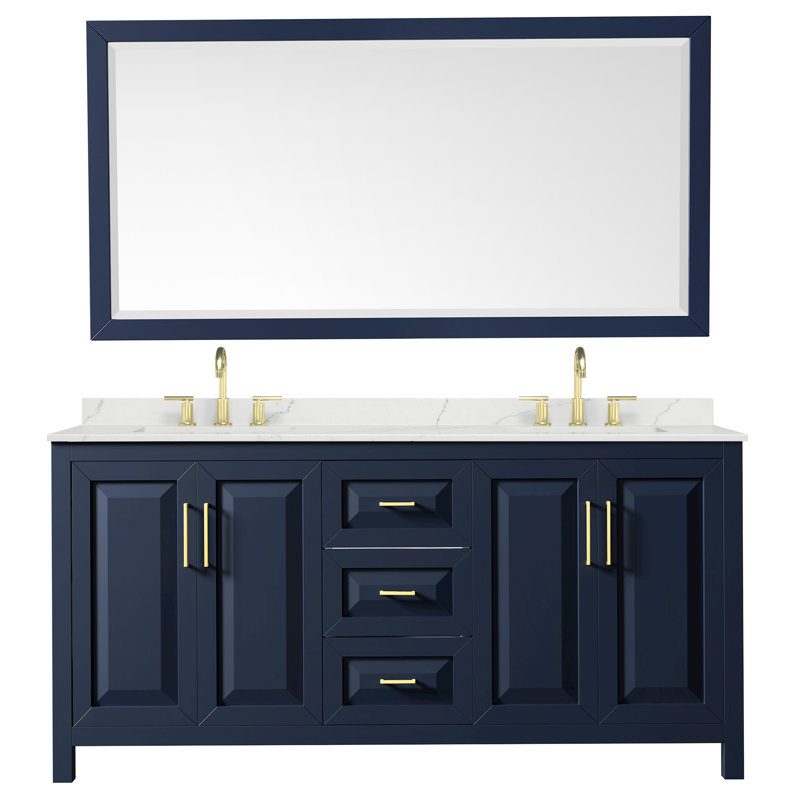 Meuble-lavabo double 72 po avec plateau en quartz et miroir Daria, Quartz Giotto, Bleu, Or brossé