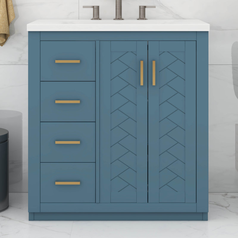 Meuble-lavabo de 30 po avec lavabo en céramique, armoire de rangement moderne à 3 tiroirs et 2 portes, meuble-lavabo autoportant, fermeture en douceur